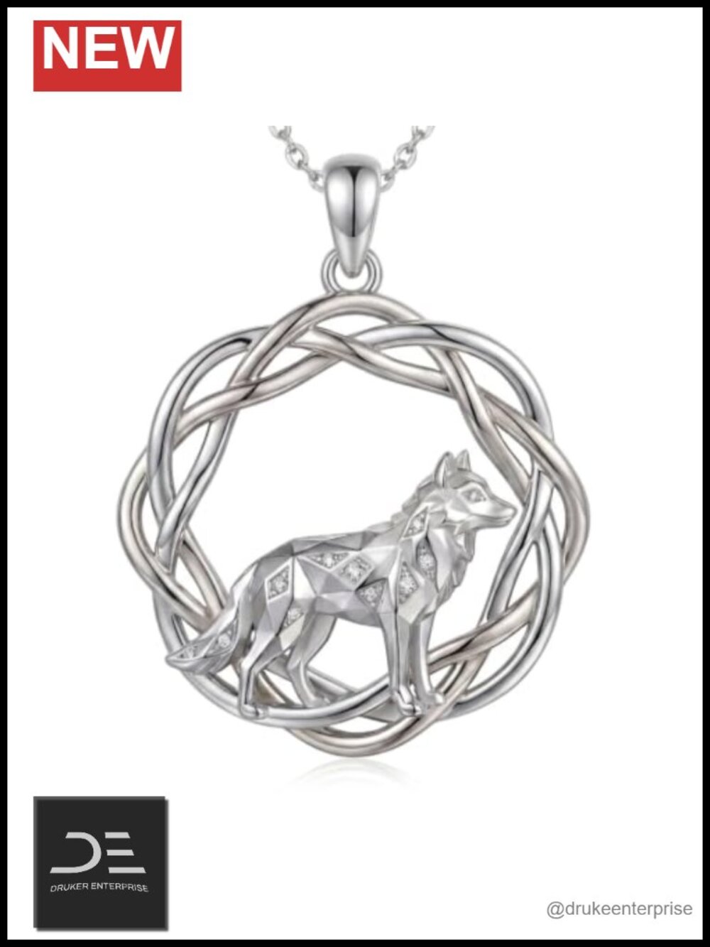 925 Sterling Silver Wolf Pendant Necklace Lab Grown Diamond Jewelry Women Gift